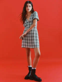 Check Pattern V-Neck Mini Dress|Primark