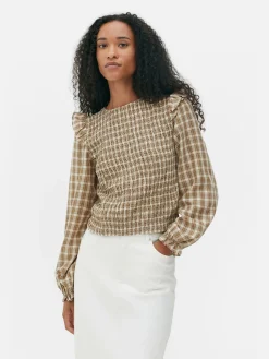 Check Shirred Long Sleeve Blouse|Primark Sale