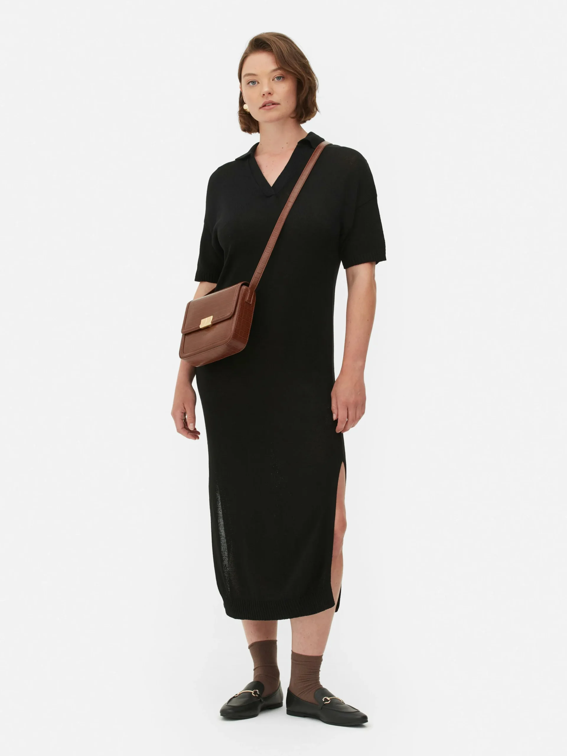 Collared V-Neck Midi Dress|Primark New