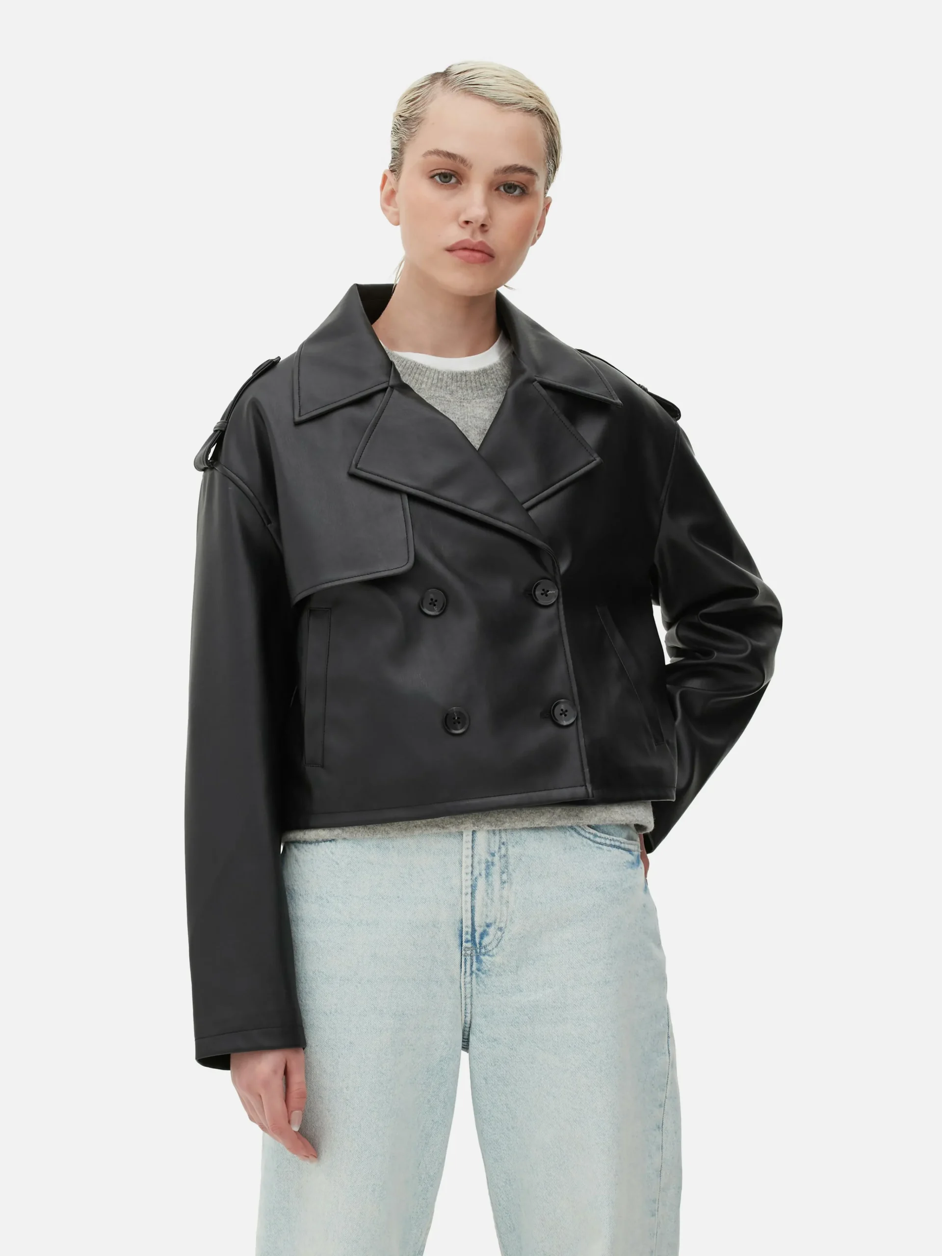 Cropped Faux Leather Trench Coat|Primark Outlet