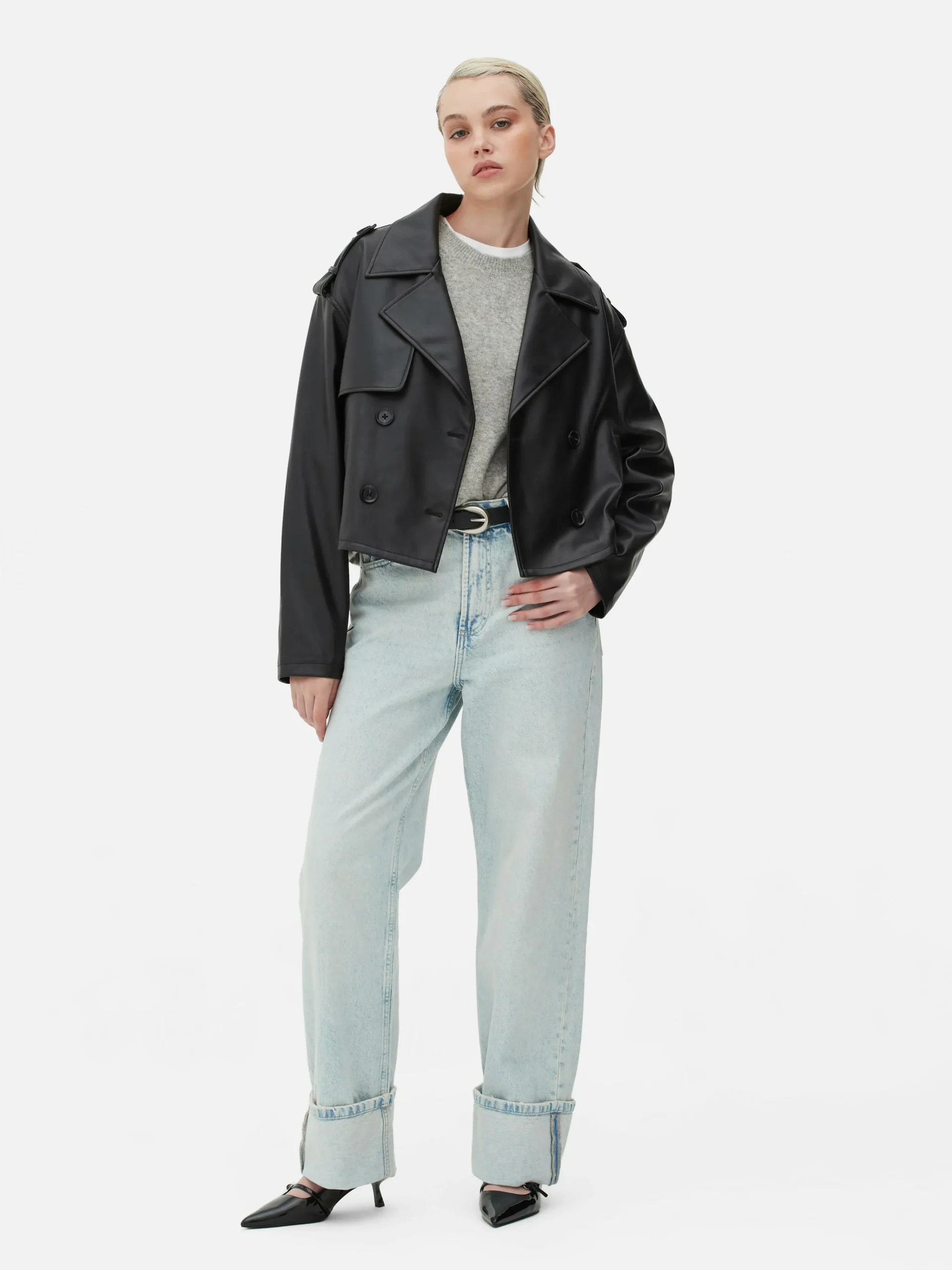 Cropped Faux Leather Trench Coat|Primark Outlet