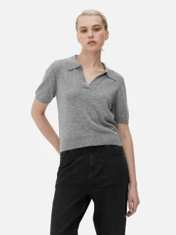 Fine Knit Collared Short Sleeve Top|Primark