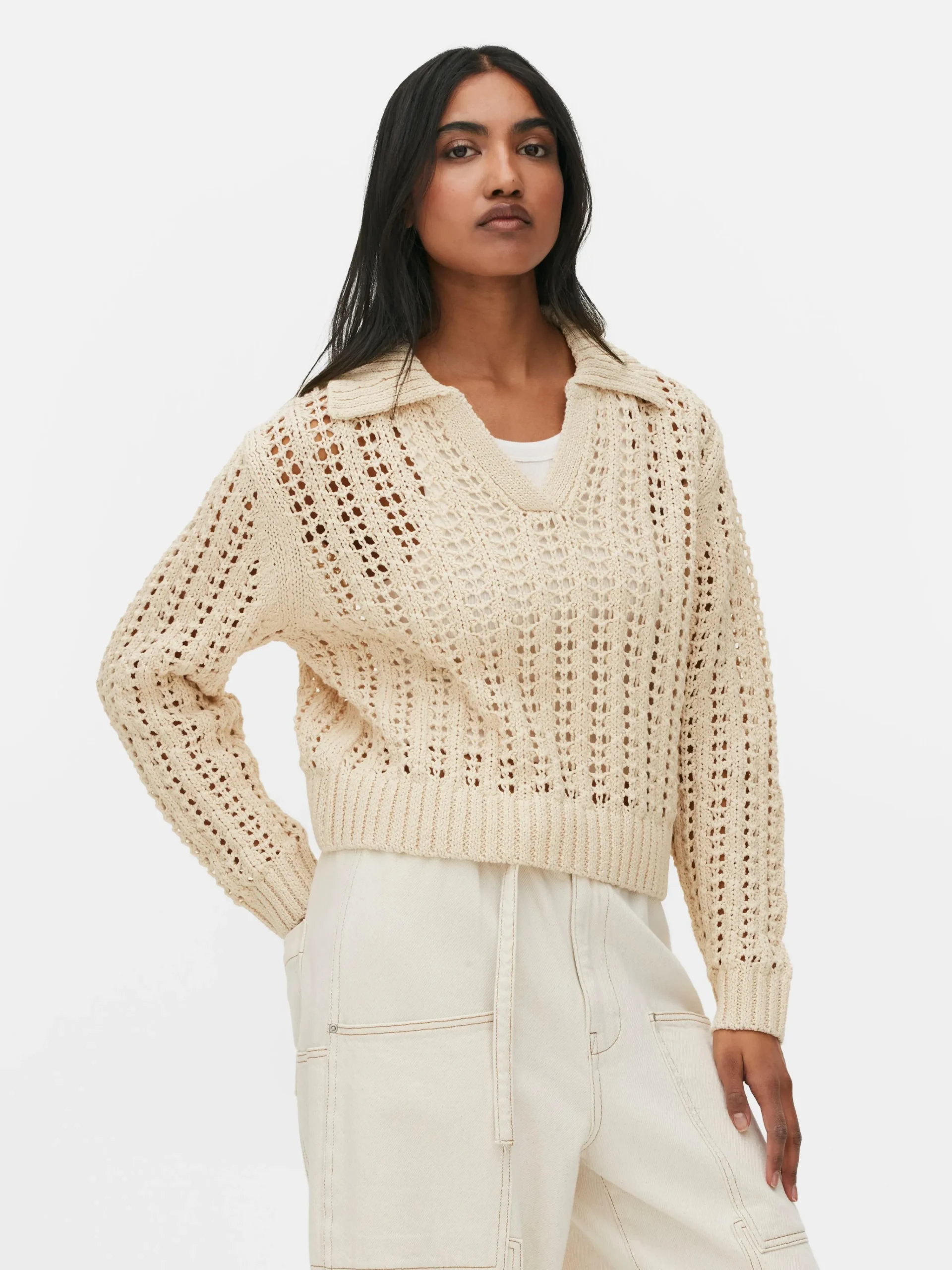 Pointelle Collared Sweater|Primark Online