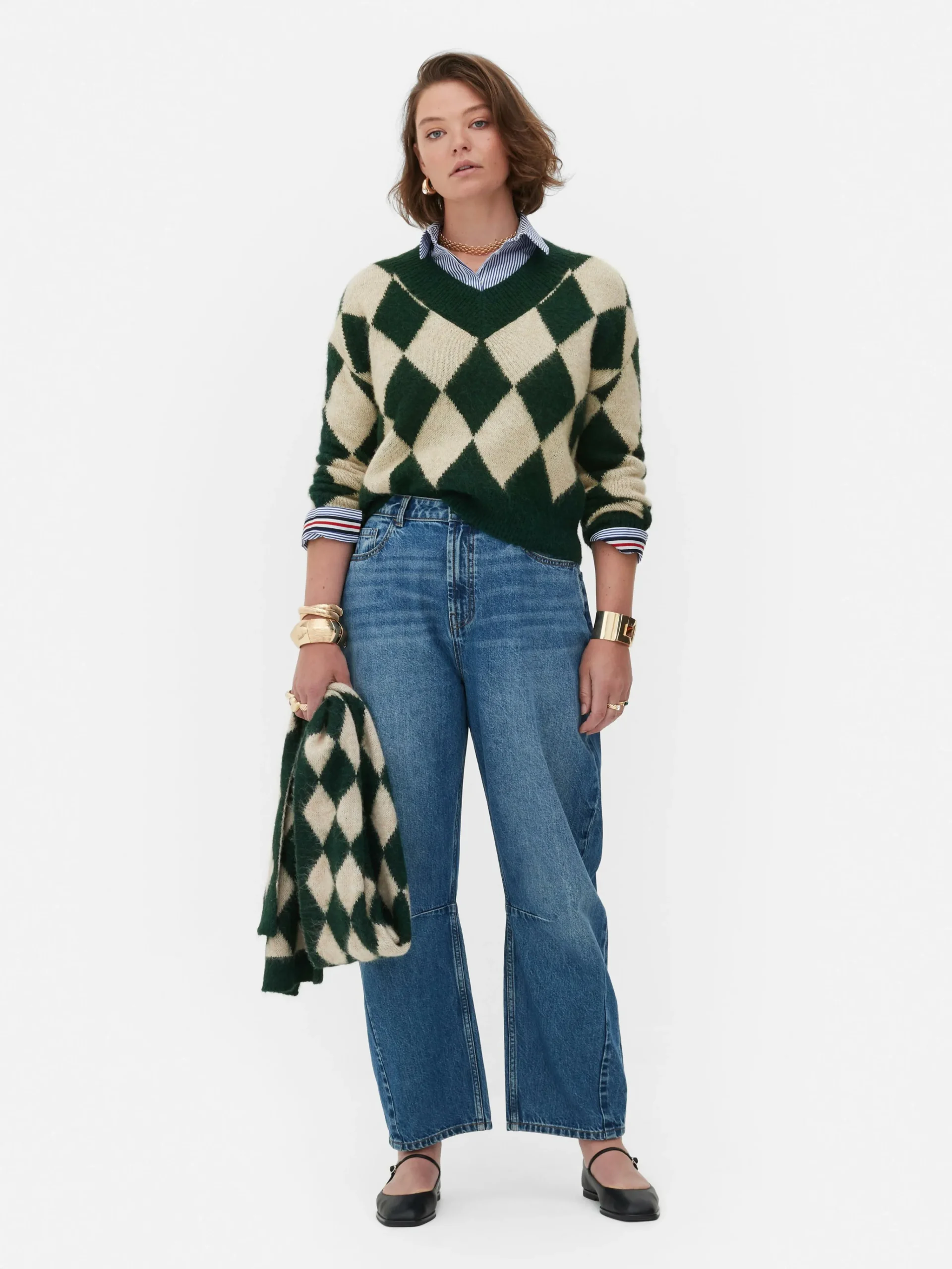 Rita Ora V-Neck Argyle Sweater|Primark New