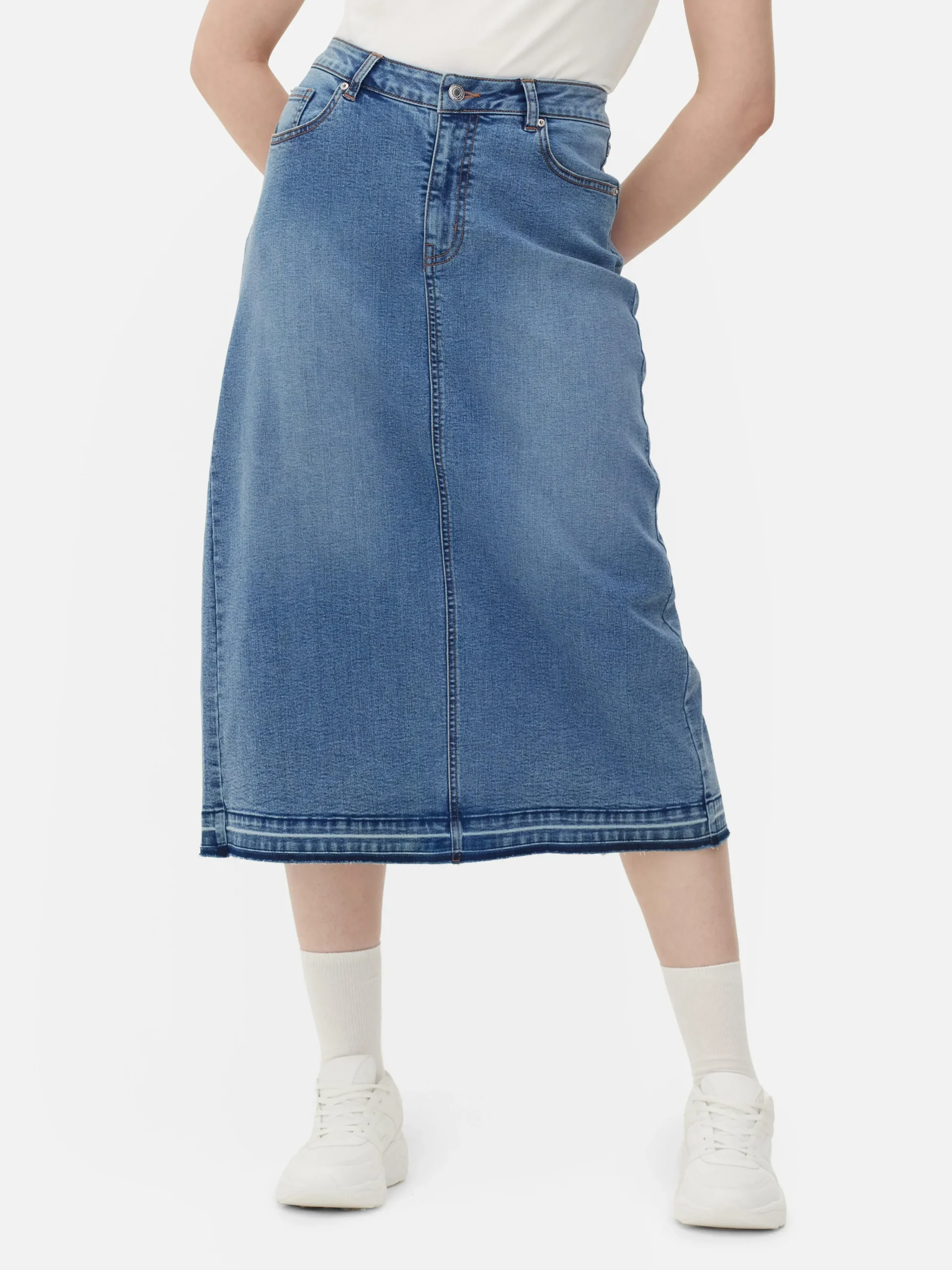 Stretch Denim Midi Skirt|Primark Outlet