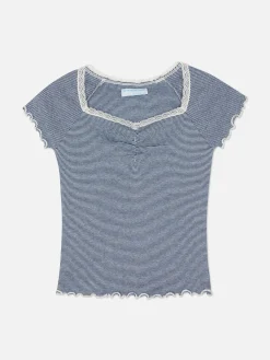 Striped Lace Trim T-Shirt|Primark New