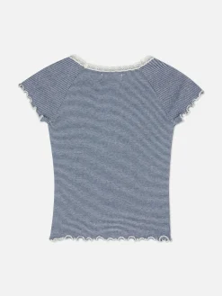 Striped Lace Trim T-Shirt|Primark New