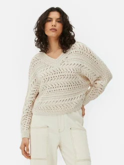 V-Neck Pointelle Knit Sweater|Primark Online