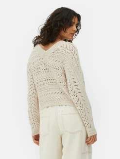 V-Neck Pointelle Knit Sweater|Primark Online